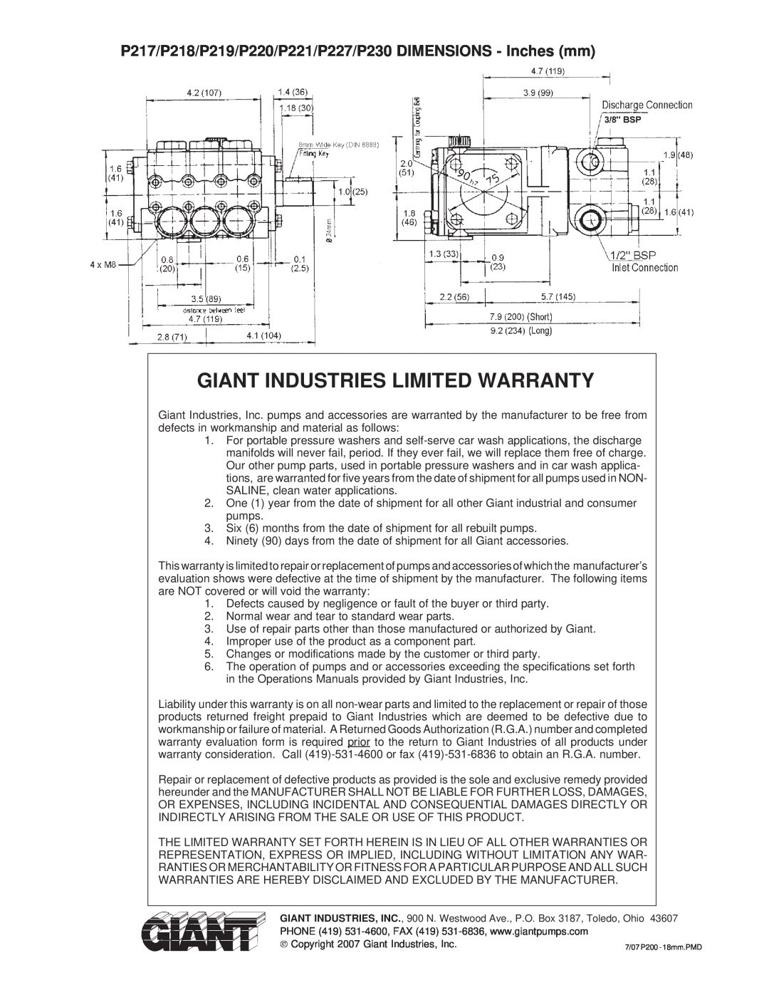 Giant service manual P217/P218/P219/P220/P221/P227/P230 DIMENSIONS - Inches mm, Giant Industries Limited Warranty 