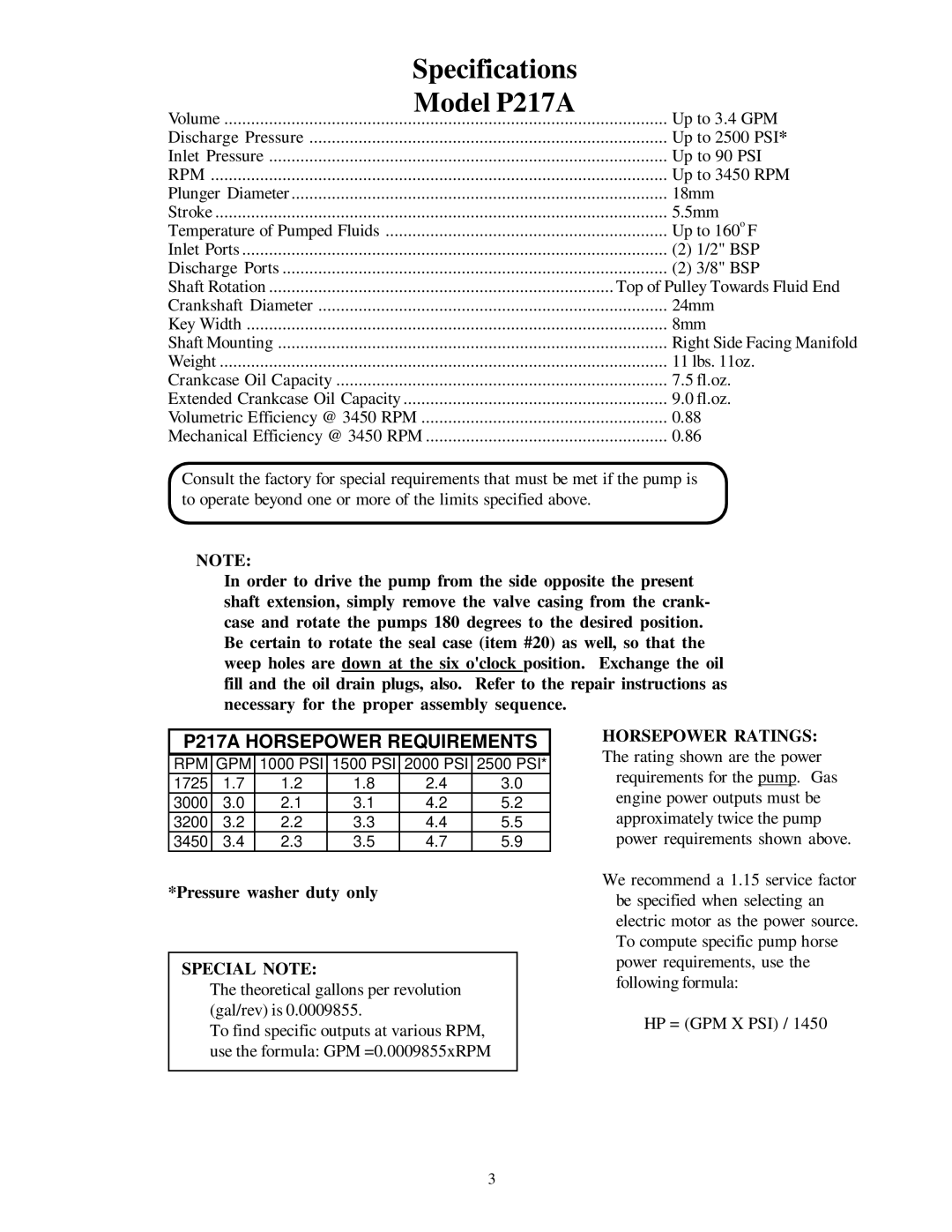 Giant P223, P219, P220, P218, P221 service manual Specifications, P217A Horsepower Requirements 