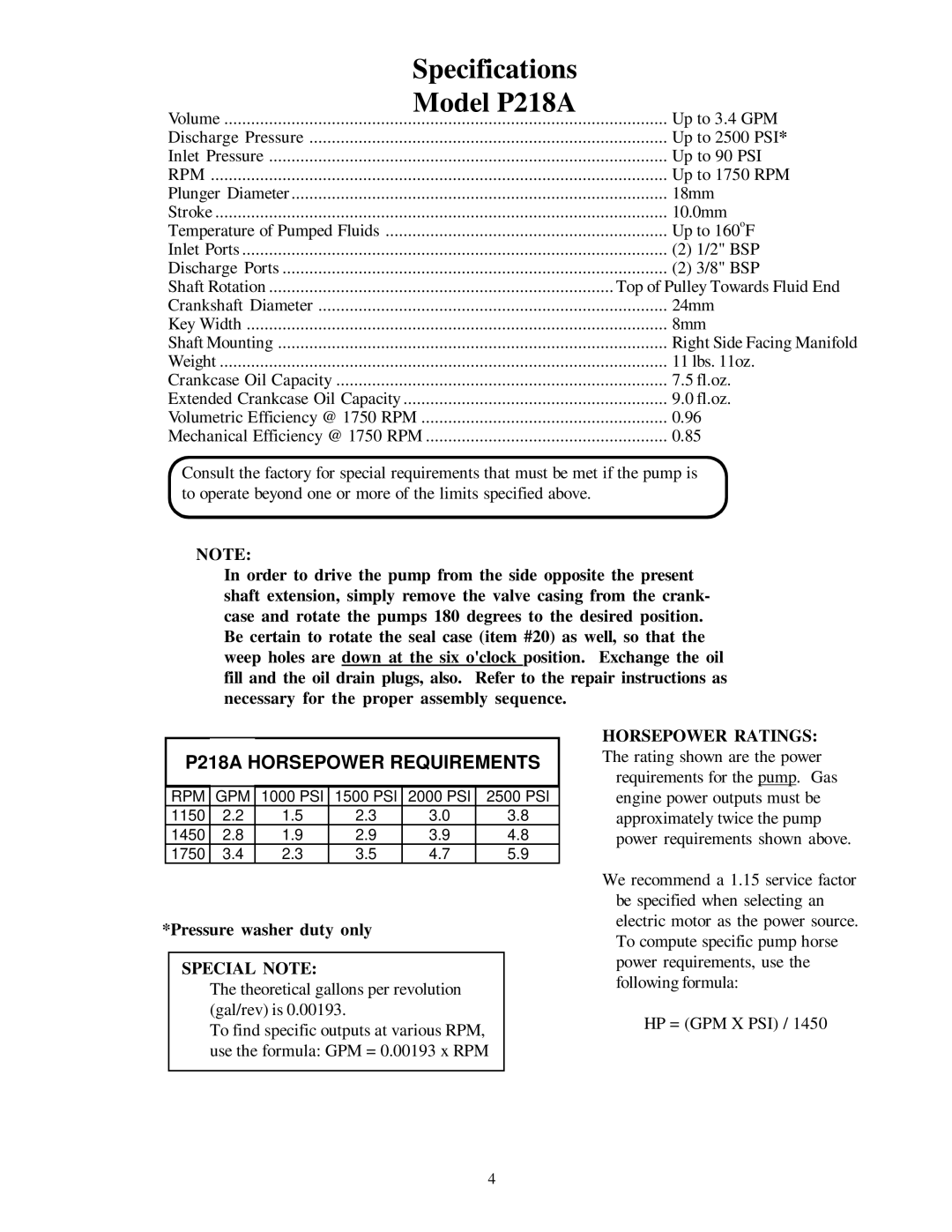 Giant P217, P219, P220, P223, P221 P218A Horsepower Requirements, Horsepower Ratings The rating shown are the power 