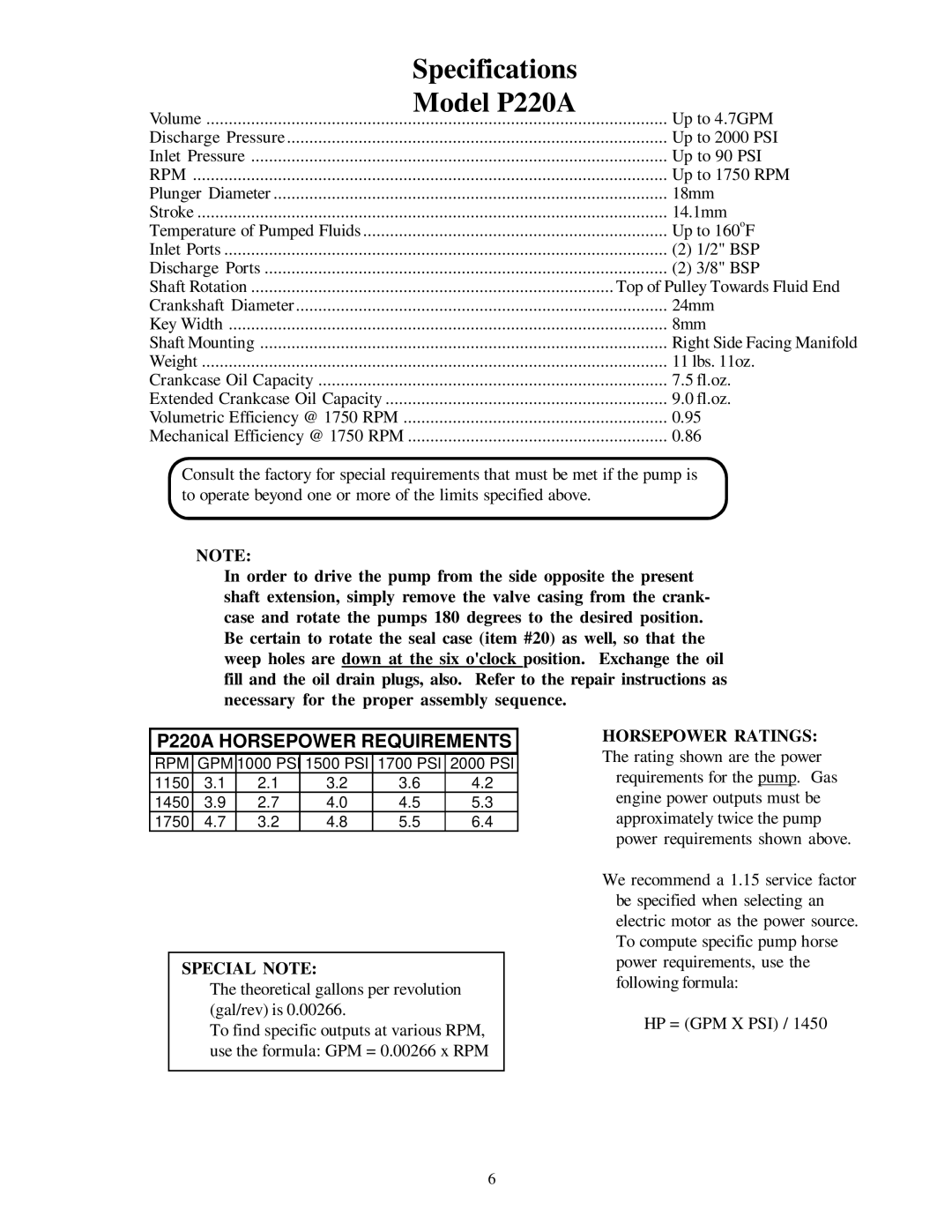 Giant P219, P218, P223, P217, P221 service manual Model P220A, P220A Horsepower Requirements 