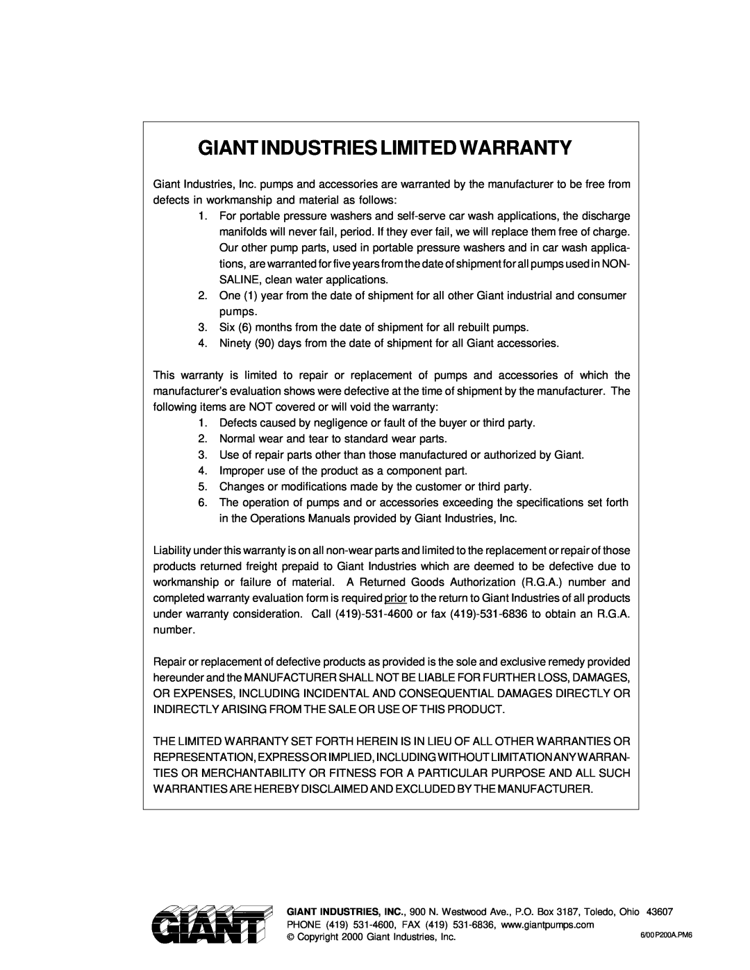 Giant P217, P219, P220, P218, P223, P221 service manual Giant Industries Limited Warranty 