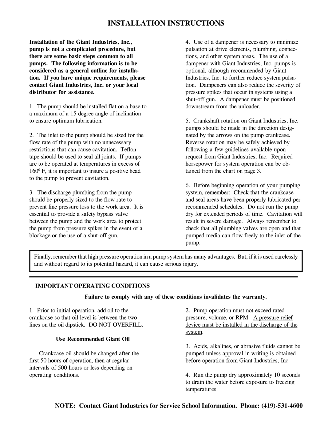 Giant P420A-3100 operating instructions Installation Instructions, Important Operating Conditions 