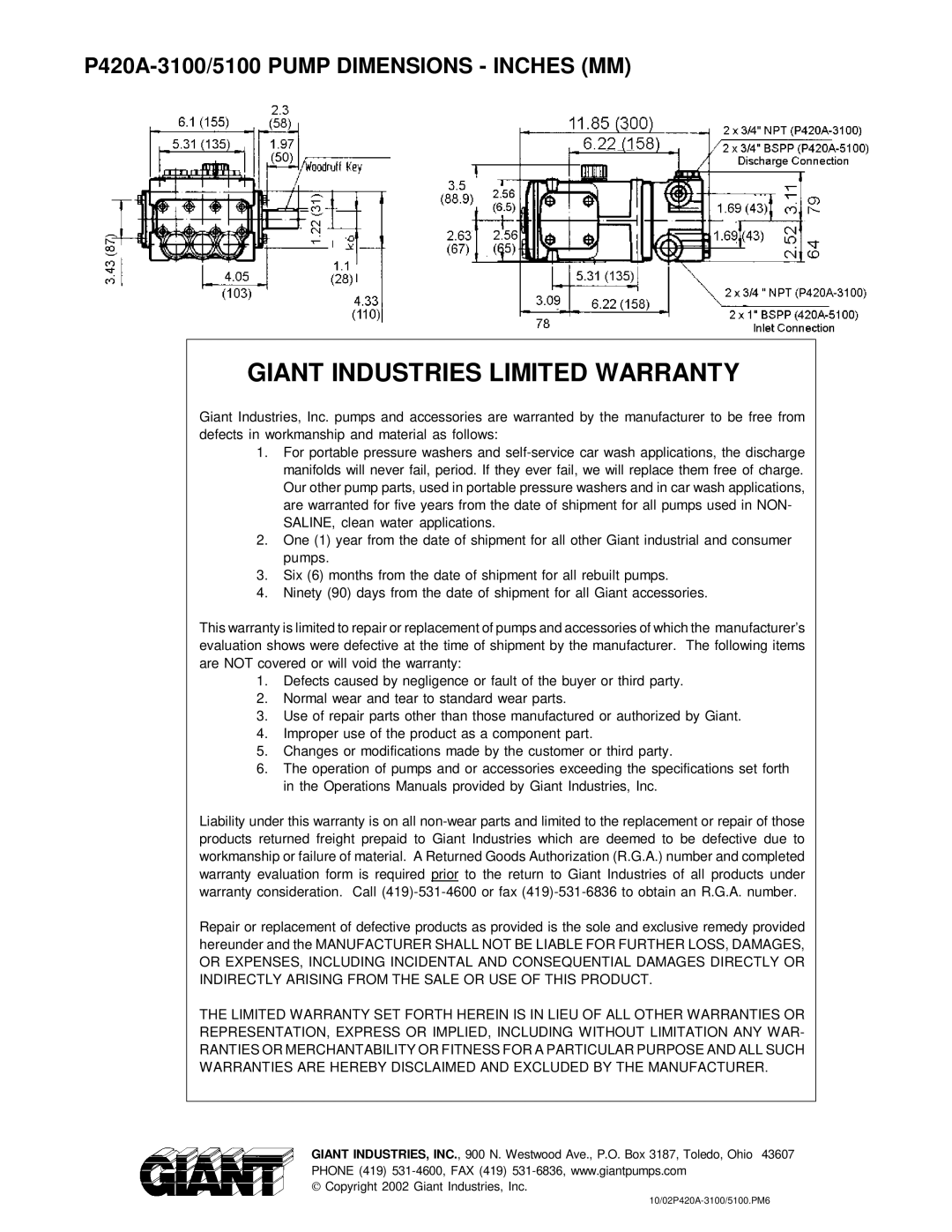 Giant P420A-3100 operating instructions Giant Industries Limited Warranty 