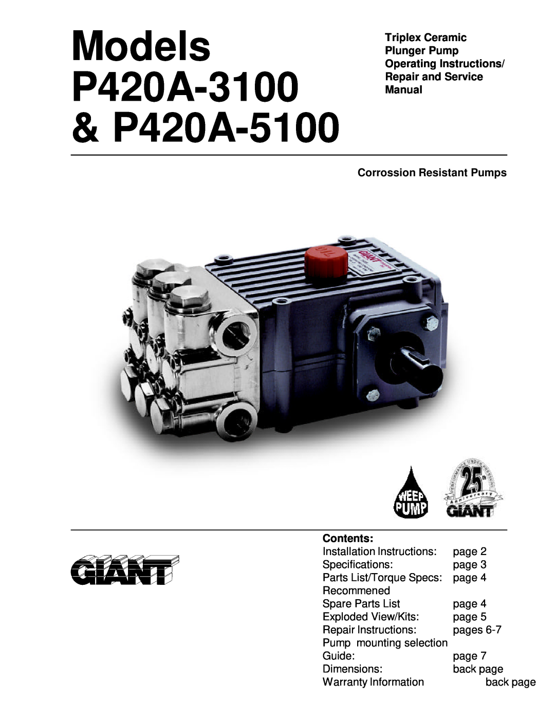Giant P420A-3100 operating instructions Triplex Ceramic Plunger Pump Operating Instructions, Contents 