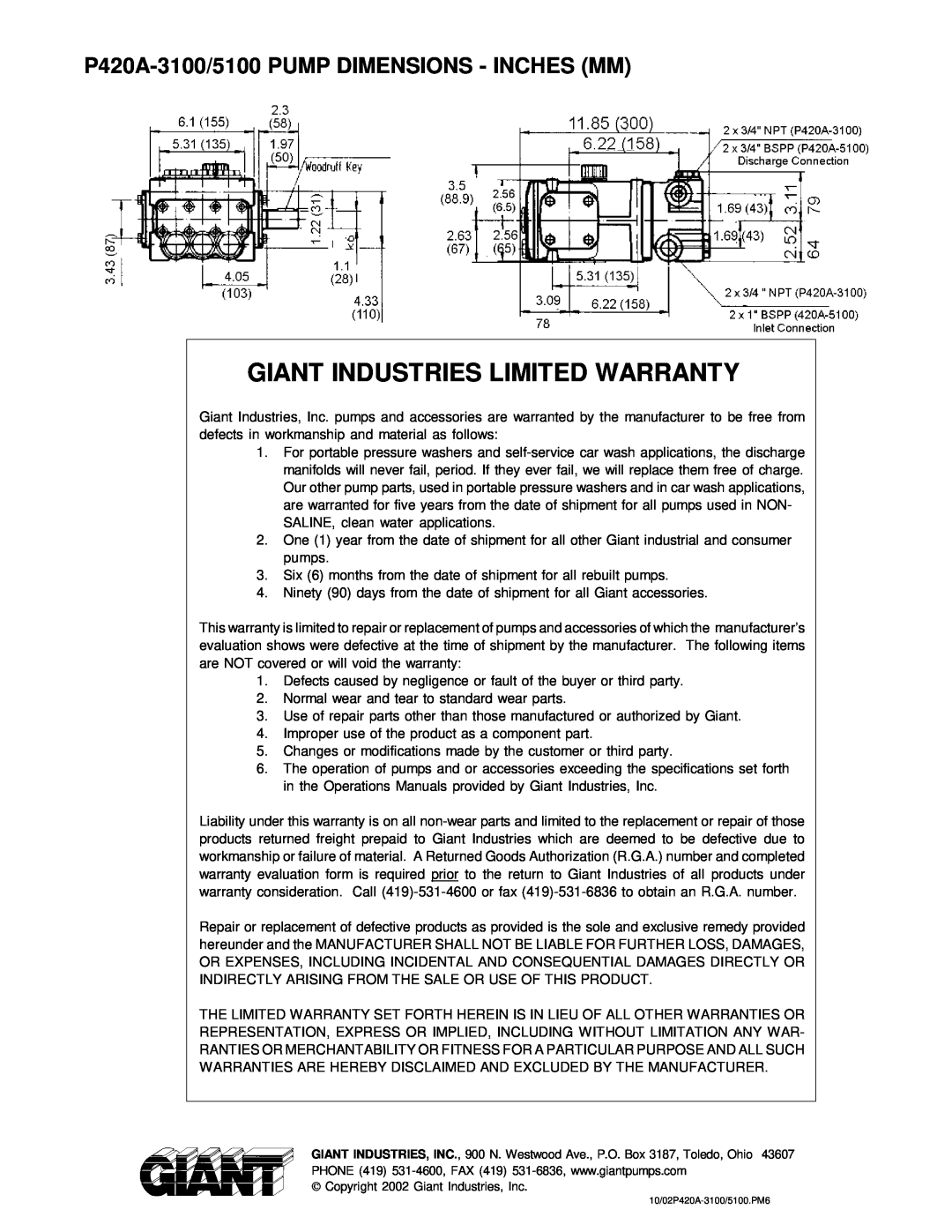 Giant operating instructions P420A-3100/5100 PUMP DIMENSIONS - INCHES MM, Giant Industries Limited Warranty 