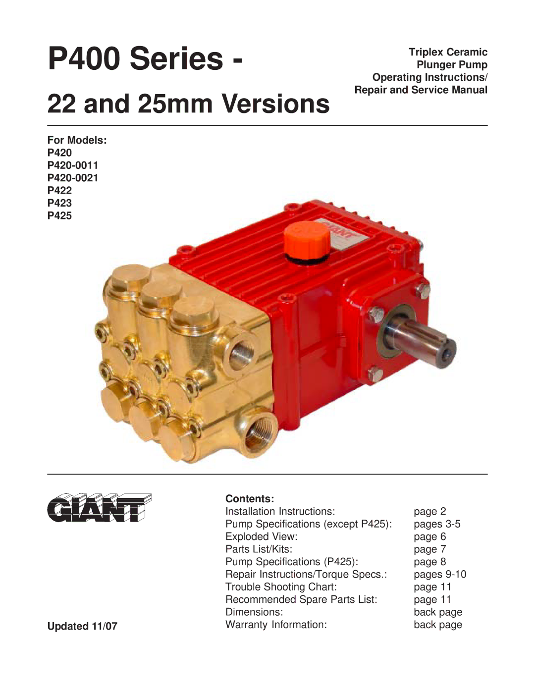 Giant P420-0011, P425, P422, P423, P420-0021 installation instructions P400 Series 