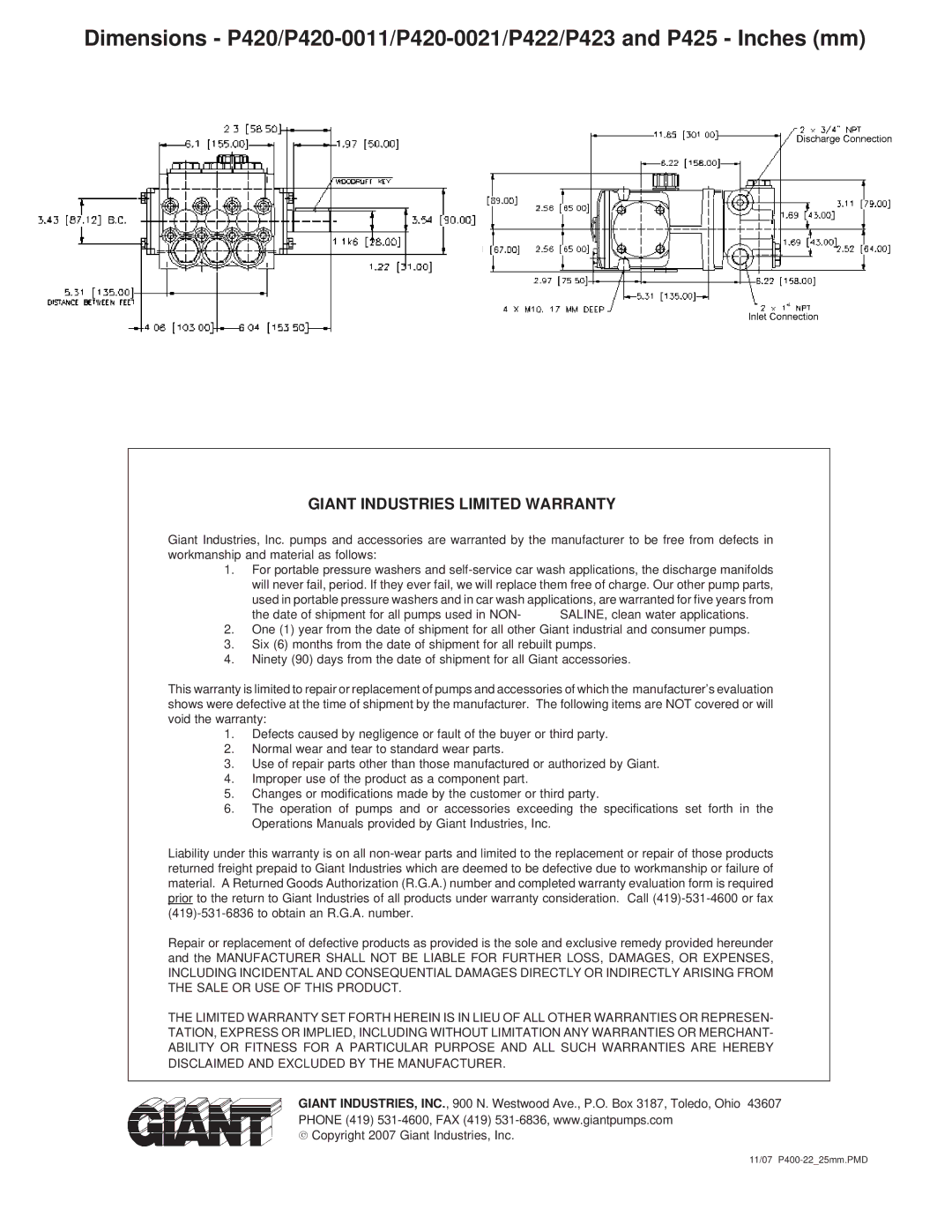 Giant P425, P420-0011, P422, P423, P420-0021 installation instructions Giant Industries Limited Warranty 