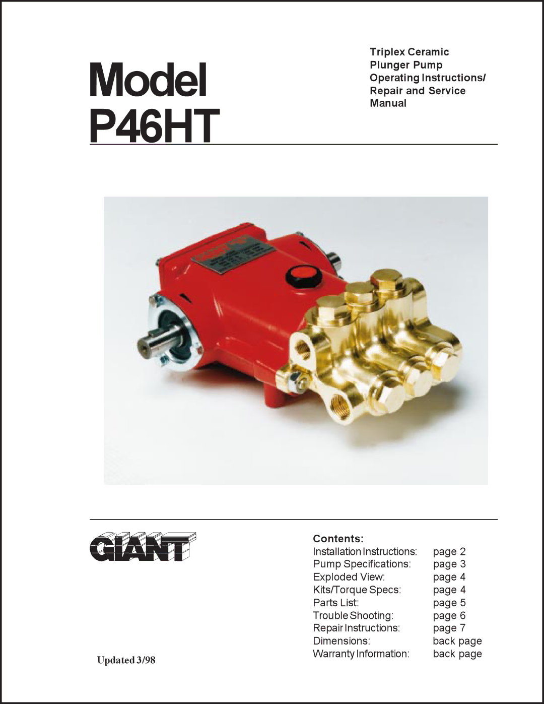 Giant installation instructions Model P46HT, Updated 3/98 