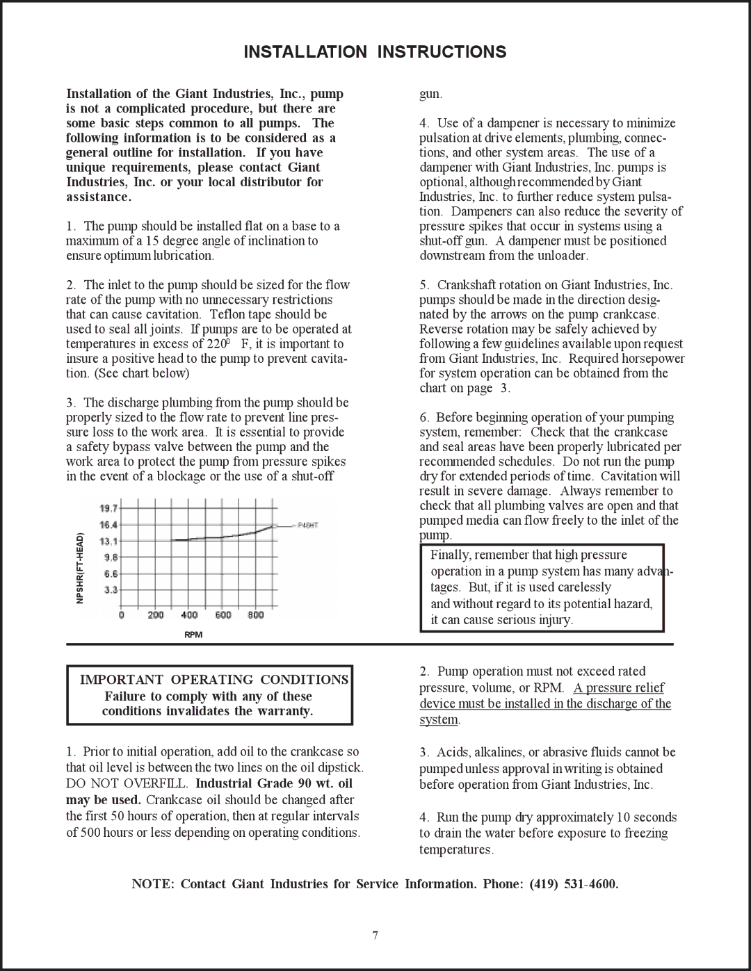 Giant P46HT installation instructions Installation Instructions, Important Operating Conditions 