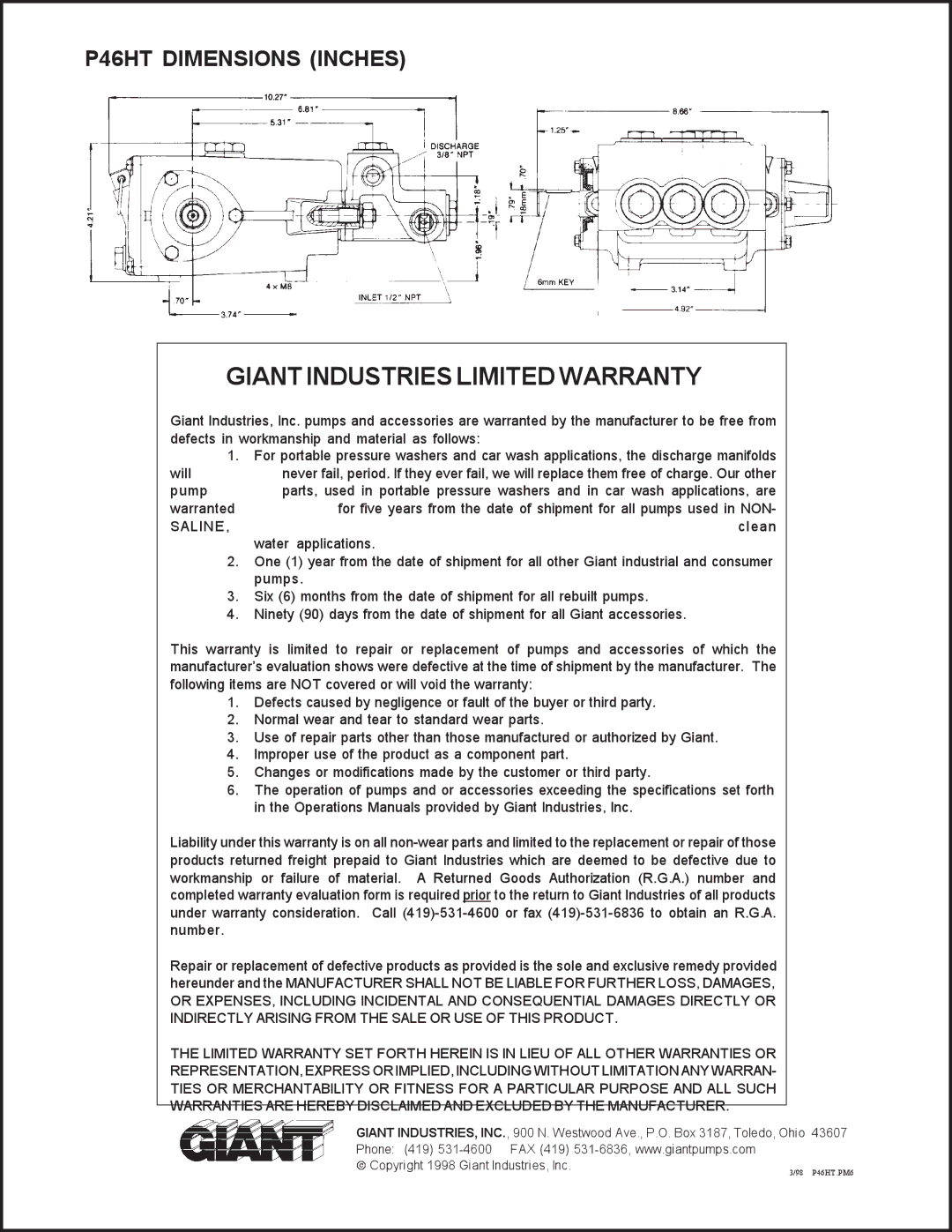 Giant installation instructions Giant Industries Limited Warranty, P46HT Dimensions Inches 