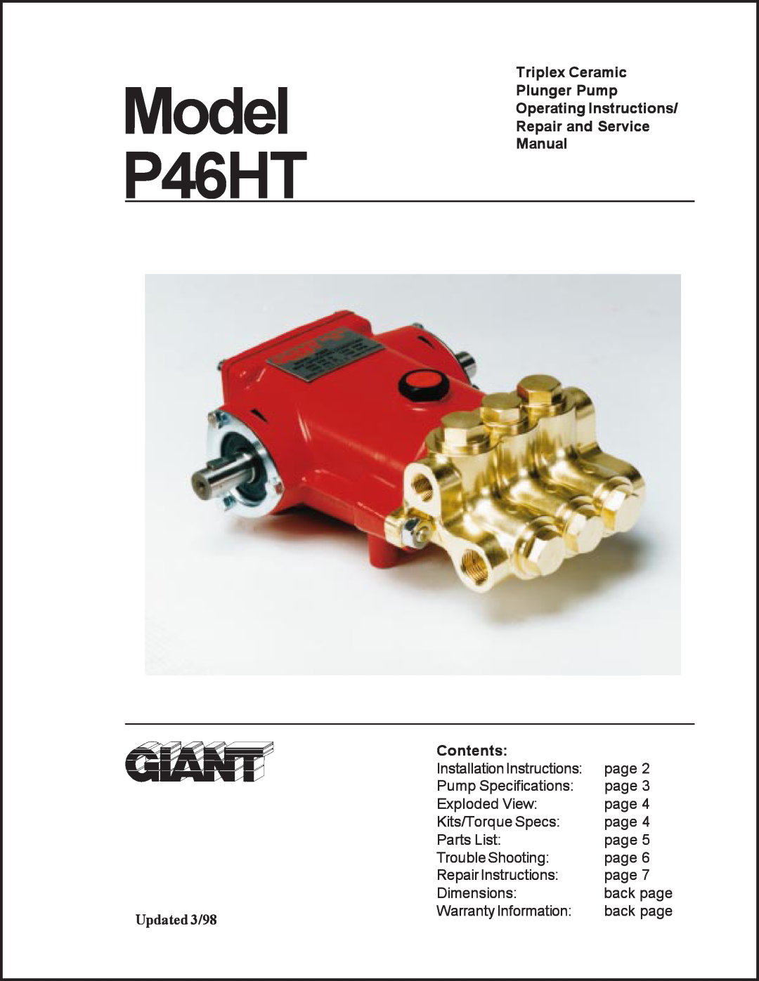 Giant P46HT installation instructions Triplex Ceramic Plunger Pump Operating Instructions, Repair and Service Manual 