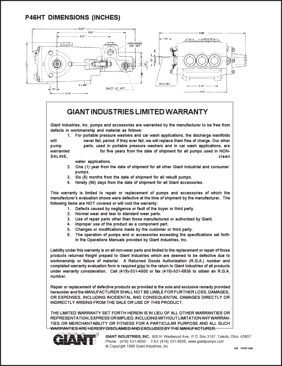 Giant installation instructions Giant Industries Limited Warranty, P46HT DIMENSIONS INCHES 