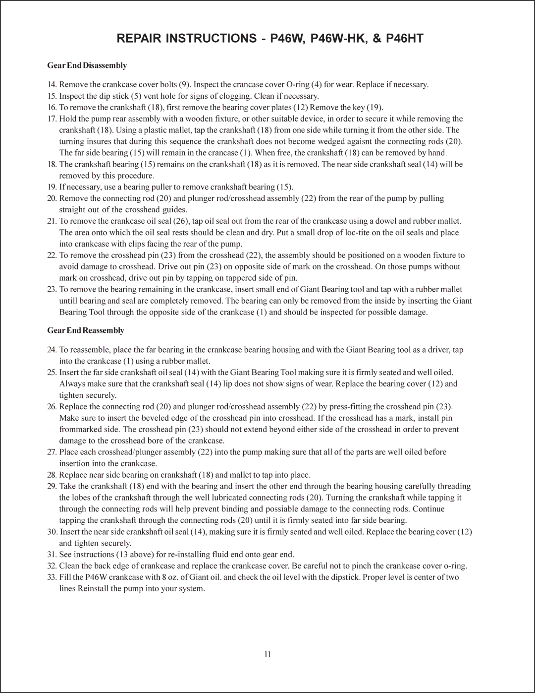 Giant p46w service manual GearEndDisassembly, GearEndReassembly 