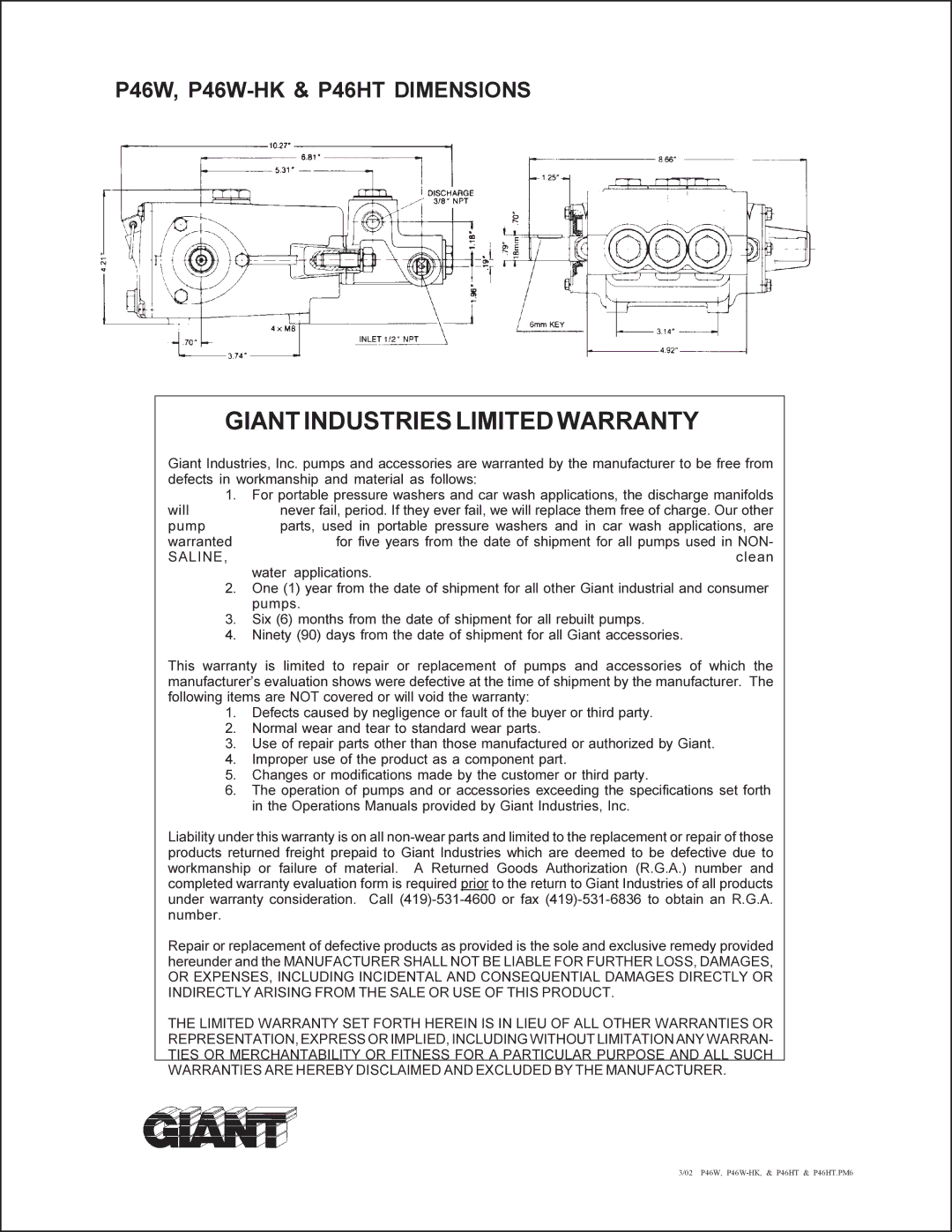 Giant p46w service manual Giantindustrieslimitedwarranty, P46W, P46W-HK & P46HT Dimensions 