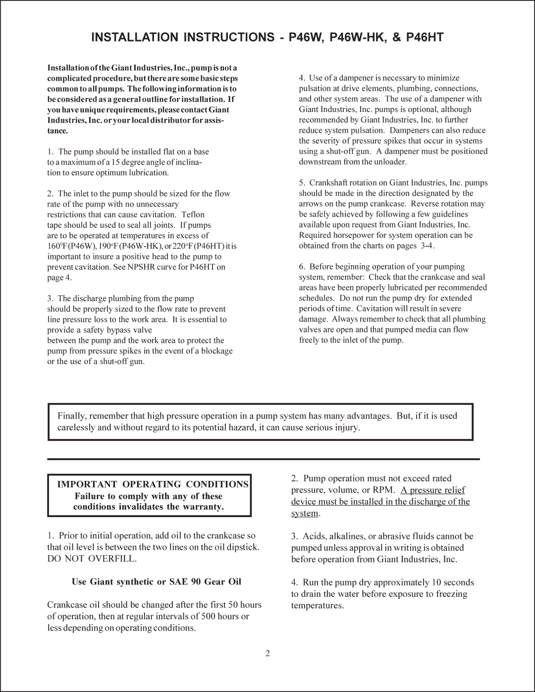 Giant p46w service manual Installation Instructions P46W, P46W-HK, & P46HT, Important Operating Conditions 