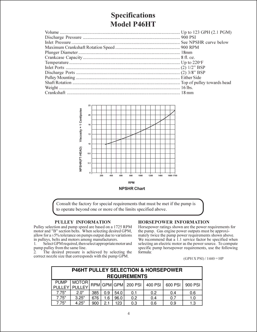 Giant p46w service manual Horsepower Information, Npshr Chart 