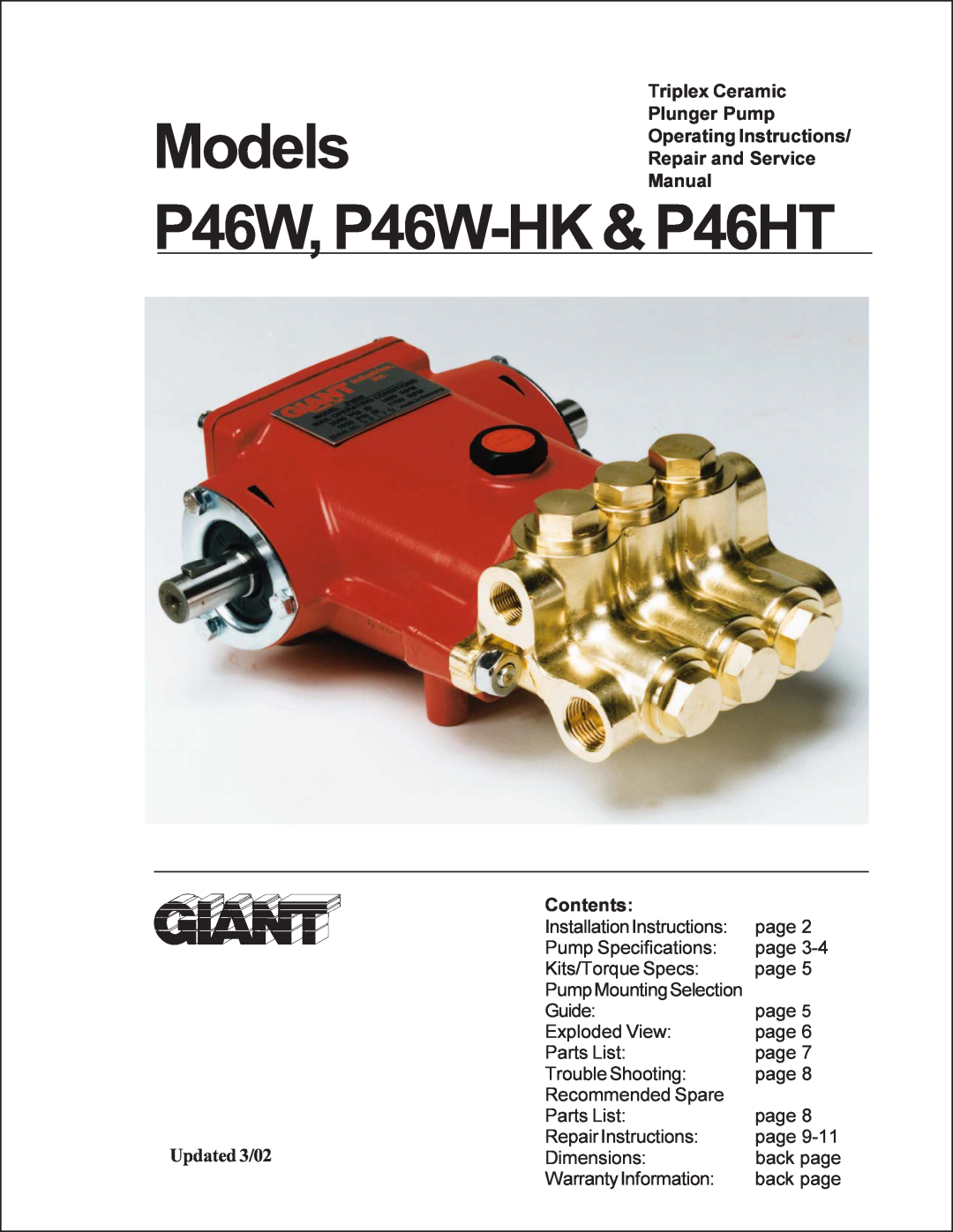 Giant p46w service manual Triplex Ceramic Plunger Pump Models Operating Instructions, Repair and Service Manual, Contents 