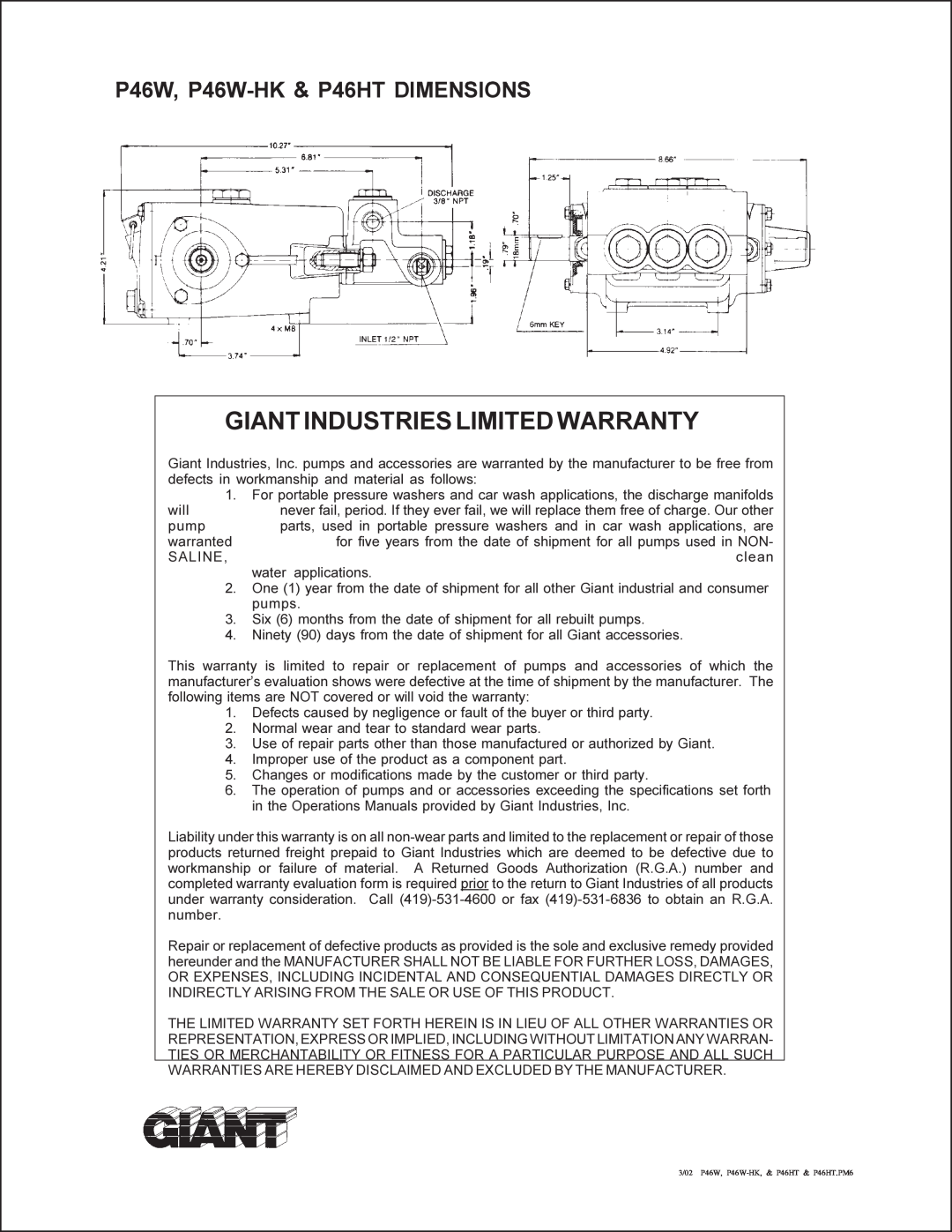Giant p46w service manual Giantindustrieslimitedwarranty, P46W, P46W-HK & P46HT DIMENSIONS 