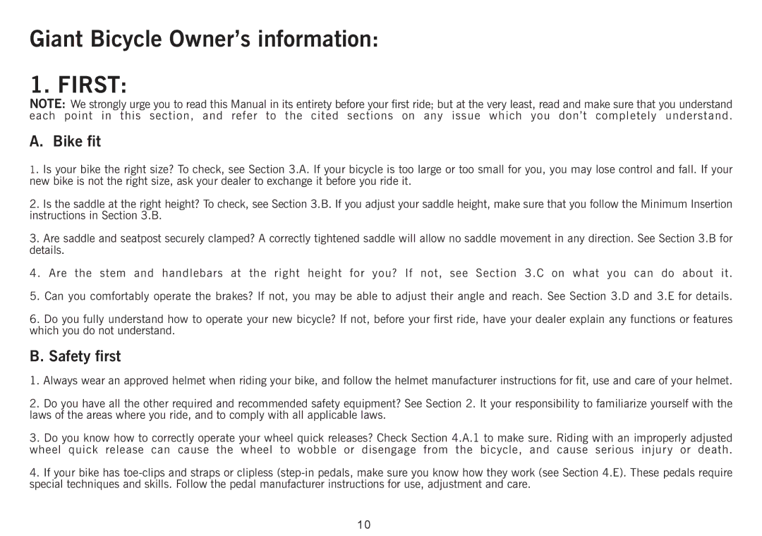 Giant Revive manual Giant Bicycle Owner’s information, Bike fit, Safety first 