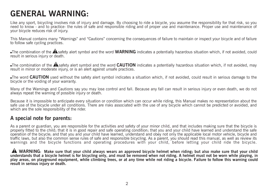 Giant Revive manual General Warning, Special note for parents 