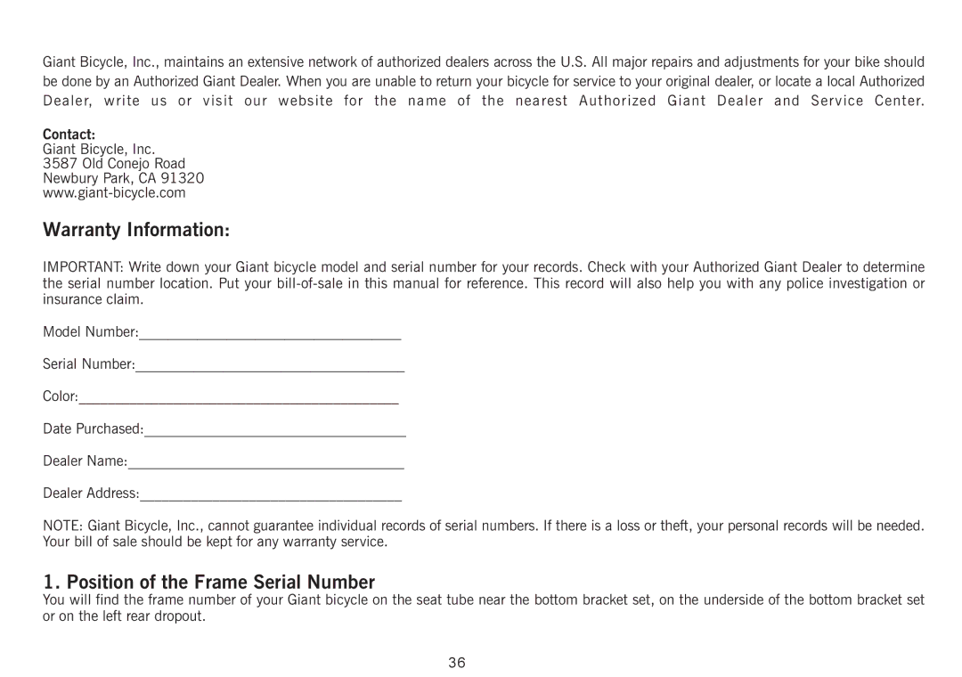 Giant Revive manual Warranty Information, Position of the Frame Serial Number, Contact 