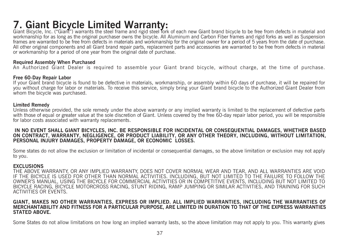 Giant Revive Giant Bicycle Limited Warranty, Required Assembly When Purchased, Free 60-Day Repair Labor, Limited Remedy 