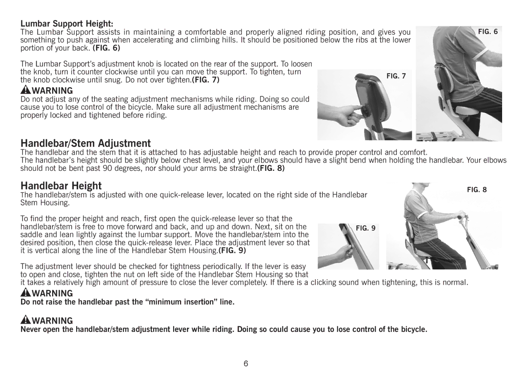 Giant Revive manual Handlebar/Stem Adjustment, Handlebar Height, Lumbar Support Height 