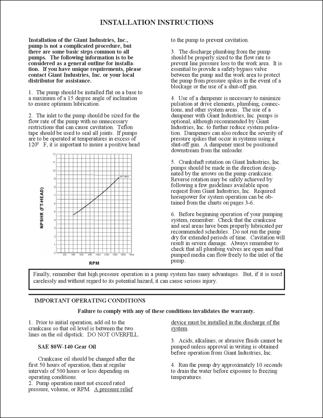 Giant SP100W service manual Installation Instructions, Important Operating Conditions, SAE 80W-140 Gear Oil 