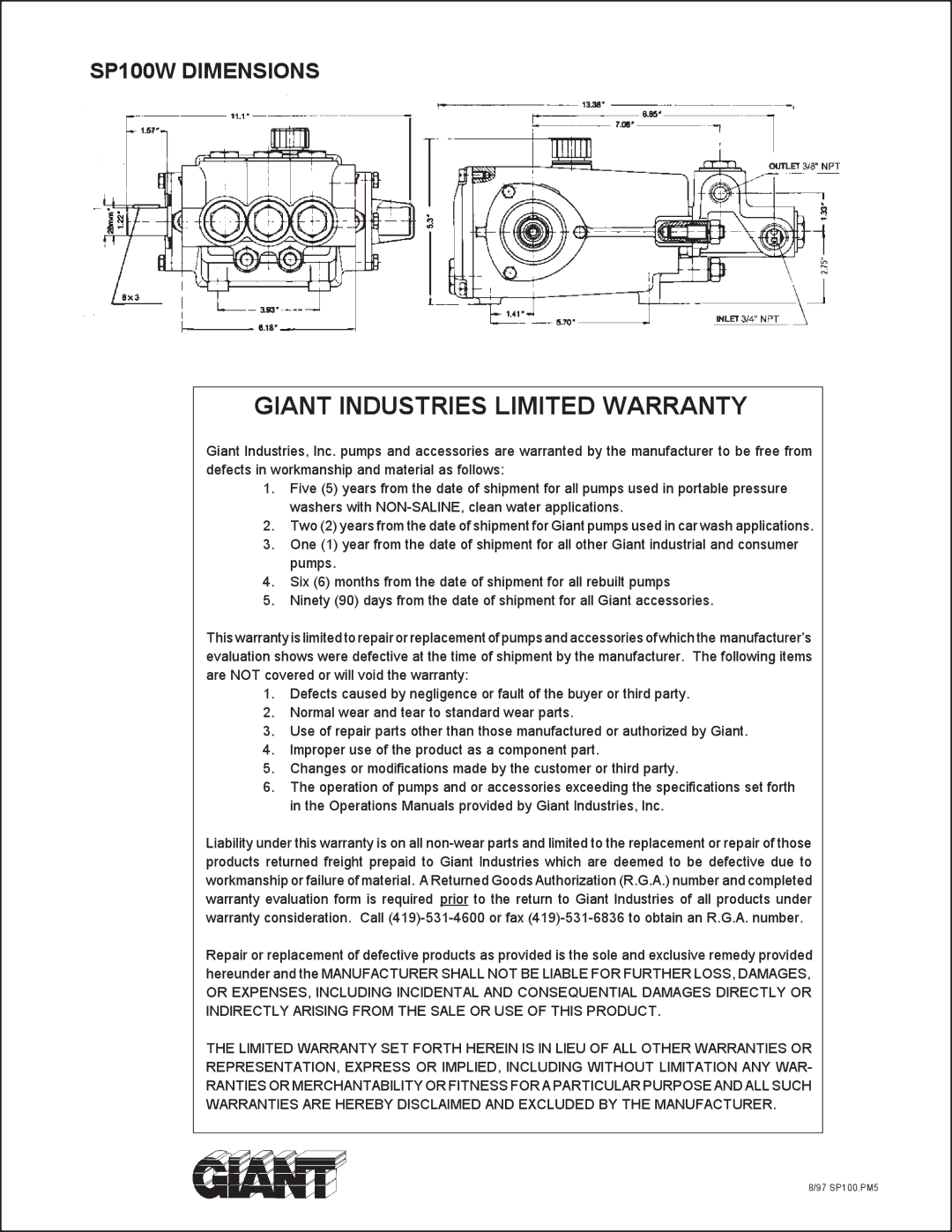 Giant service manual Giant Industries Limited Warranty, SP100W Dimensions 