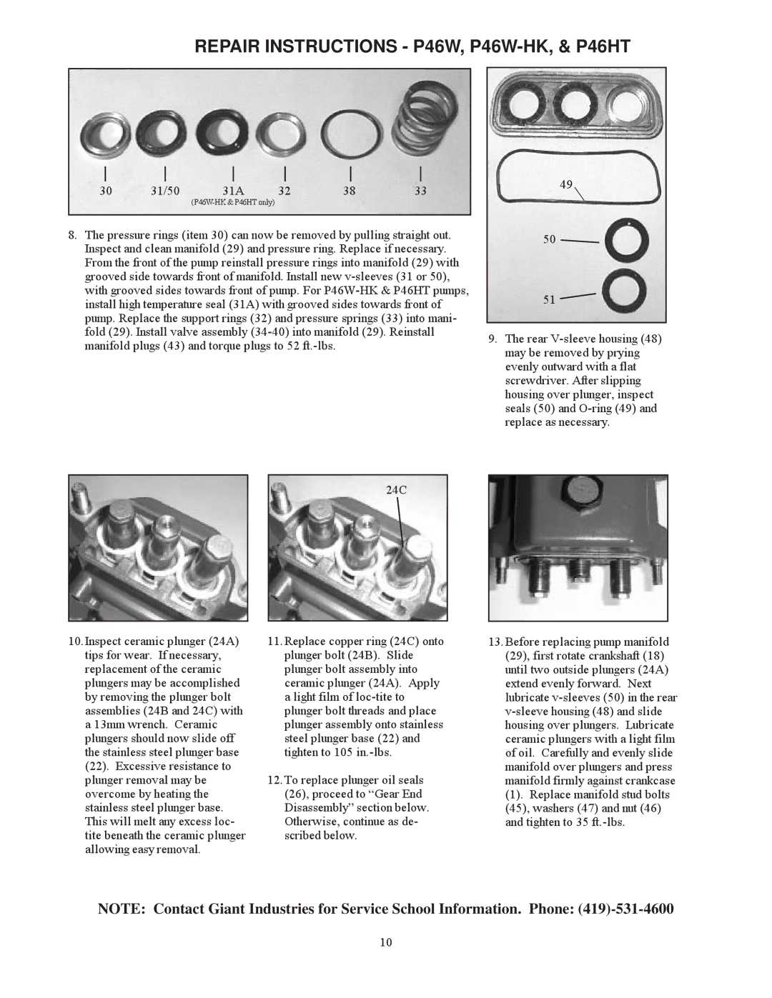 Giant Triplex Ceramic Plunger Pump installation instructions Repair Instructions P46W, P46W-HK, & P46HT, 31/50 31A 