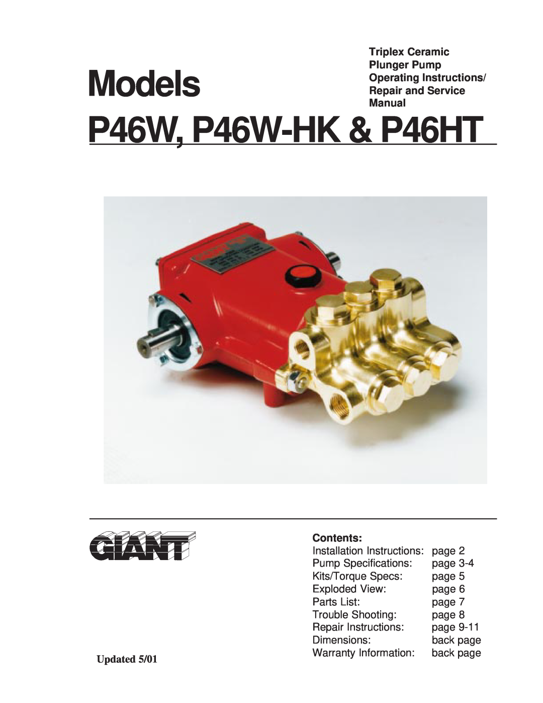 Giant Triplex Ceramic Plunger Pump installation instructions Contents, Updated 5/01, Models, P46W, P46W-HK& P46HT 