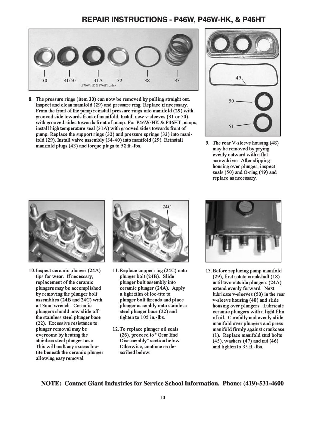 Giant Triplex Ceramic Plunger Pump installation instructions REPAIR INSTRUCTIONS - P46W, P46W-HK,& P46HT 