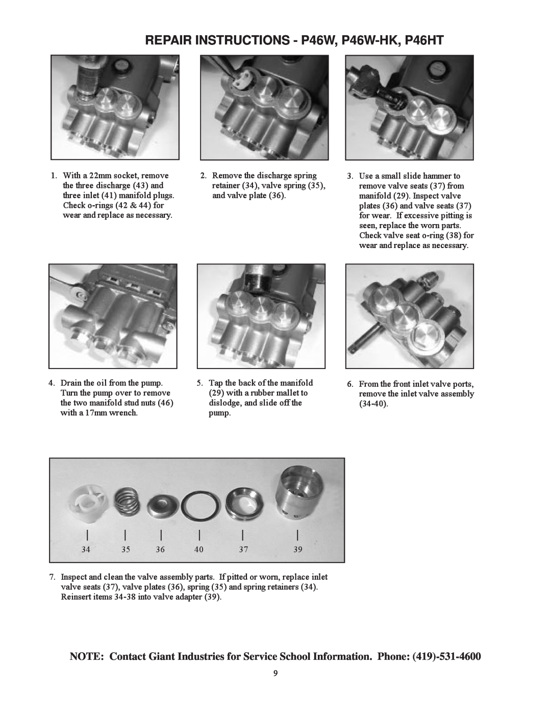 Giant Triplex Ceramic Plunger Pump installation instructions REPAIR INSTRUCTIONS - P46W, P46W-HK,P46HT 