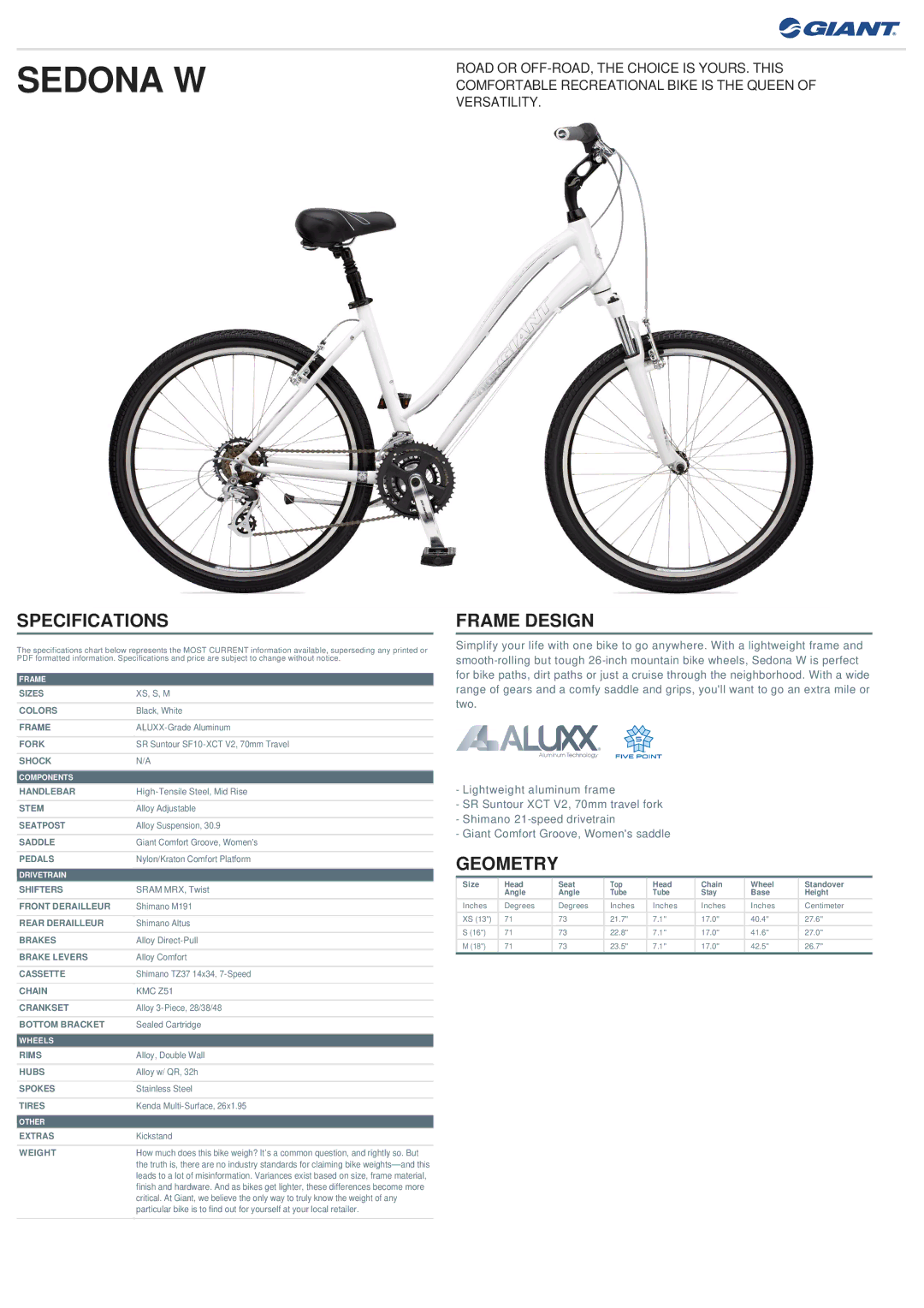 Giant specifications Sedona W, Specifications, Frame Design, Geometry 