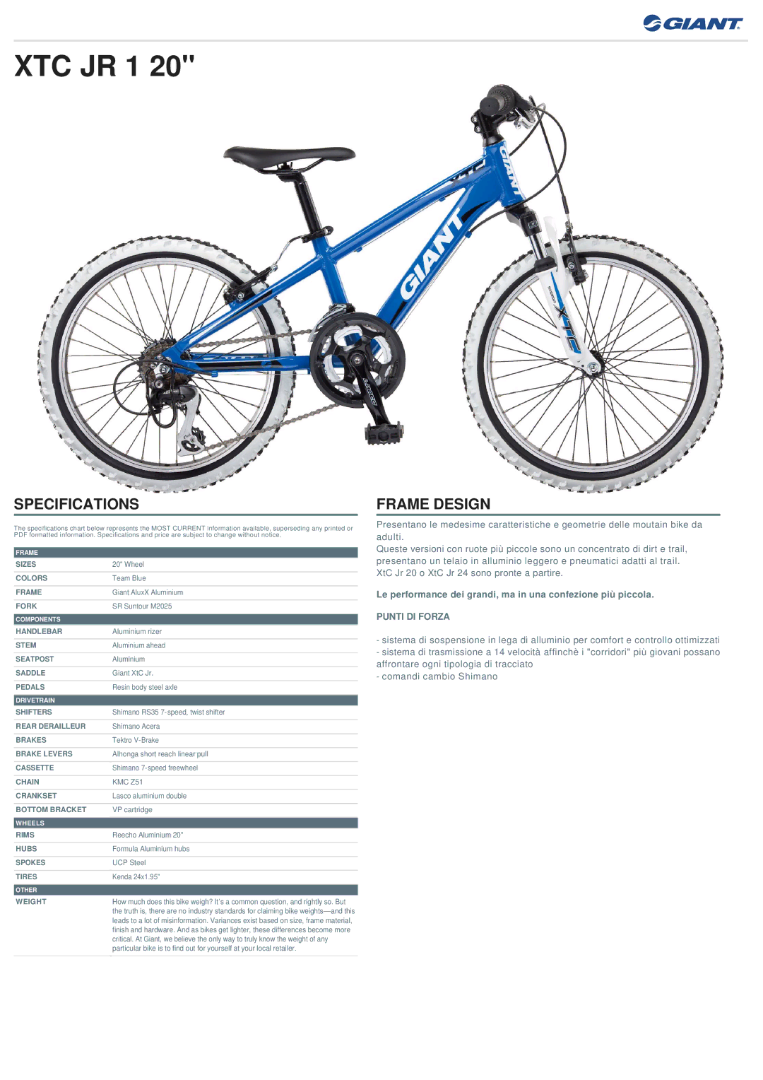 Giant XTC JR 1 specifications Specifications, Frame Design, Punti DI Forza 