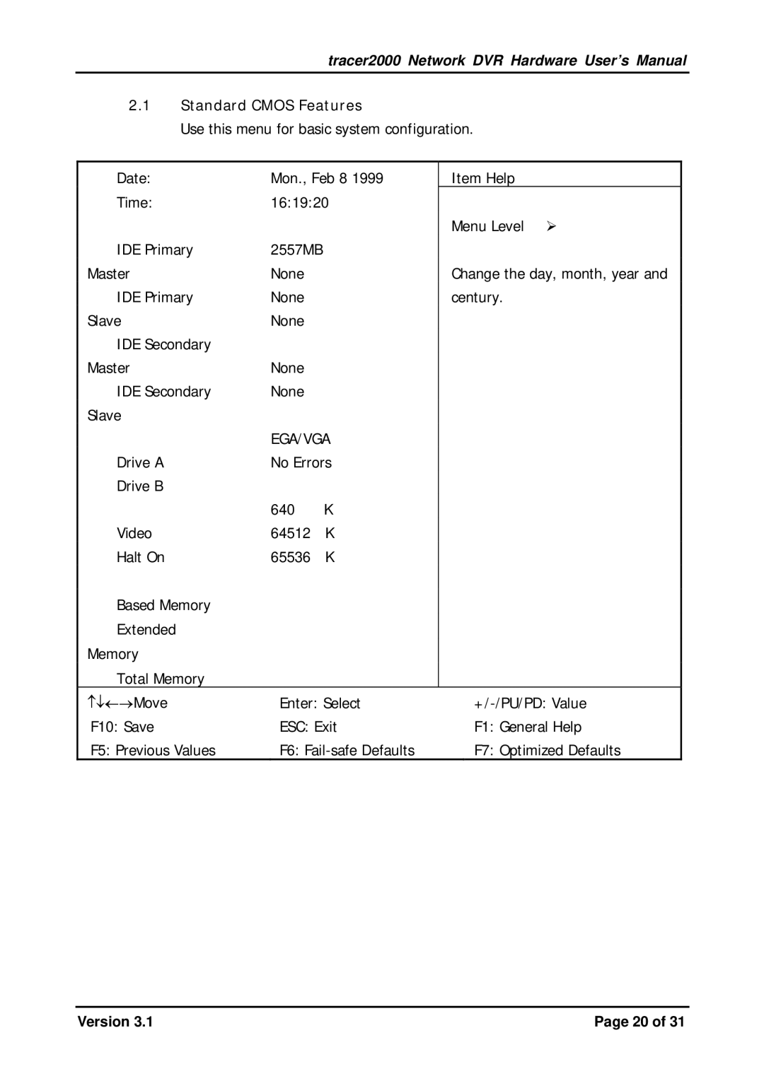 Giantec tracer2000 manual Standard Cmos Features, Ega/Vga 