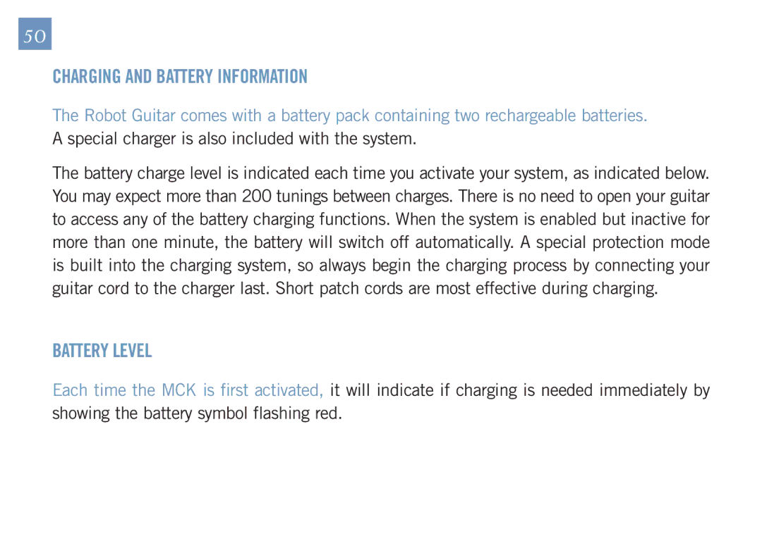 Gibson Guitars 1550-07 GUS manual Charging and Battery Information, Battery Level 