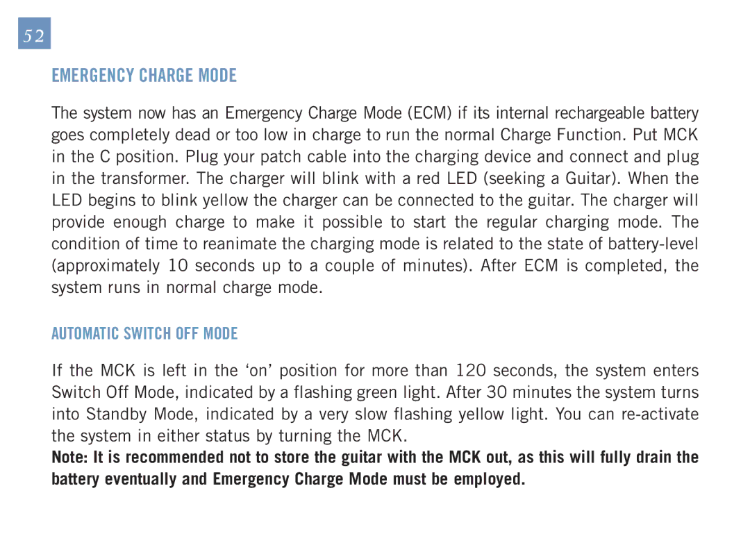 Gibson Guitars 1550-07 GUS manual Emergency Charge Mode, Automatic Switch OFF Mode 