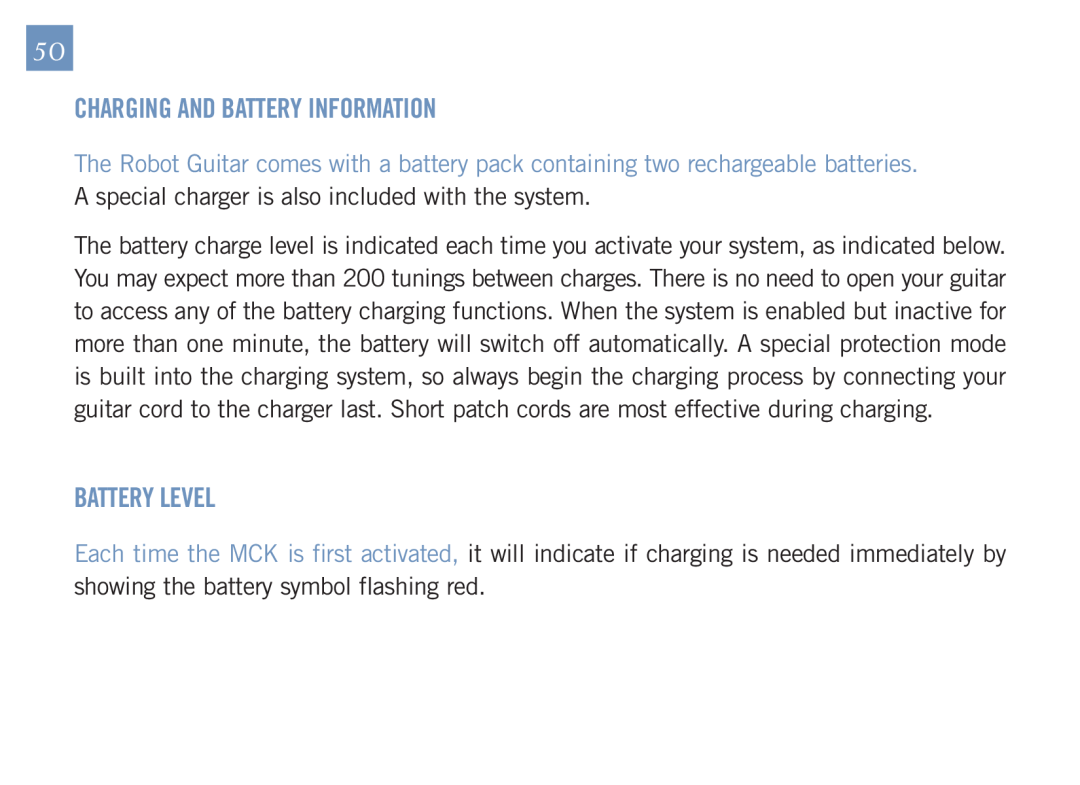 Gibson Guitars 1550-07 GUS manual Charging And Battery Information, Battery Level 