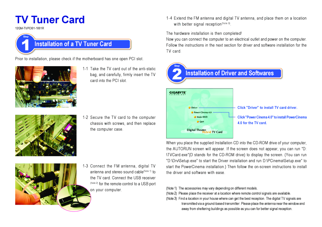 Gigabyte 12QM-TVPCI01-1001R manual Installation of a TV Tuner Card, Installation of Driver and Softwares 