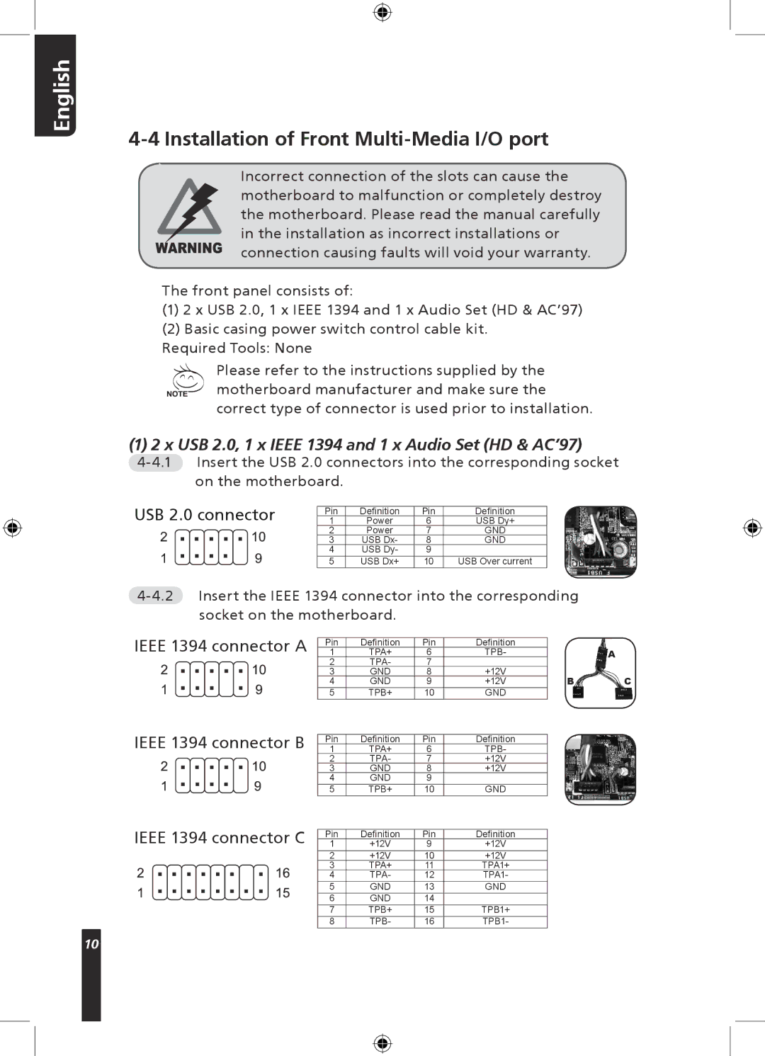 Gigabyte 230 user manual Installation of Front Multi-Media I/O port, USB 2.0, 1 x Ieee 1394 and 1 x Audio Set HD & AC’97 