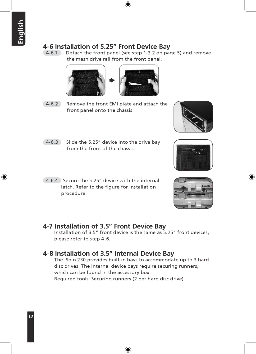 Gigabyte 230 user manual Installation of 5.25 Front Device Bay, Installation of 3.5 Front Device Bay 