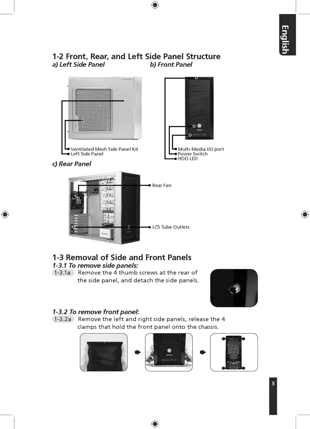 Gigabyte 230 user manual Front, Rear, and Left Side Panel Structure, Removal of Side and Front Panels 