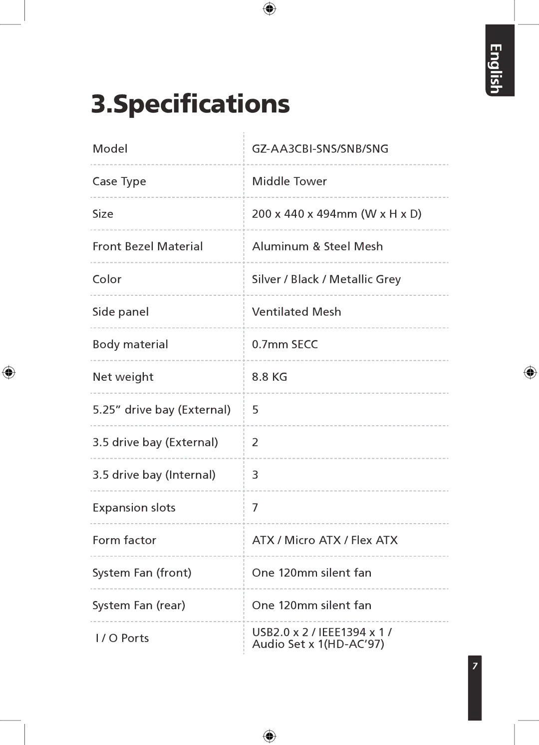 Gigabyte 230 user manual Specifications, GZ-AA3CBI-SNS/SNB/SNG 