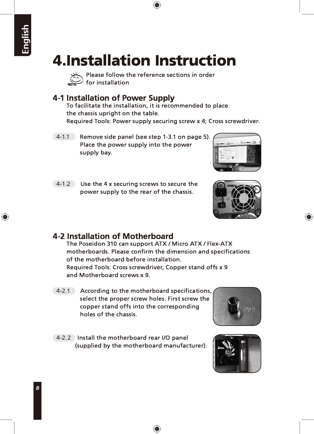 Gigabyte 310 user manual Installation Instruction, Installation of Power Supply, Installation of Motherboard, English 
