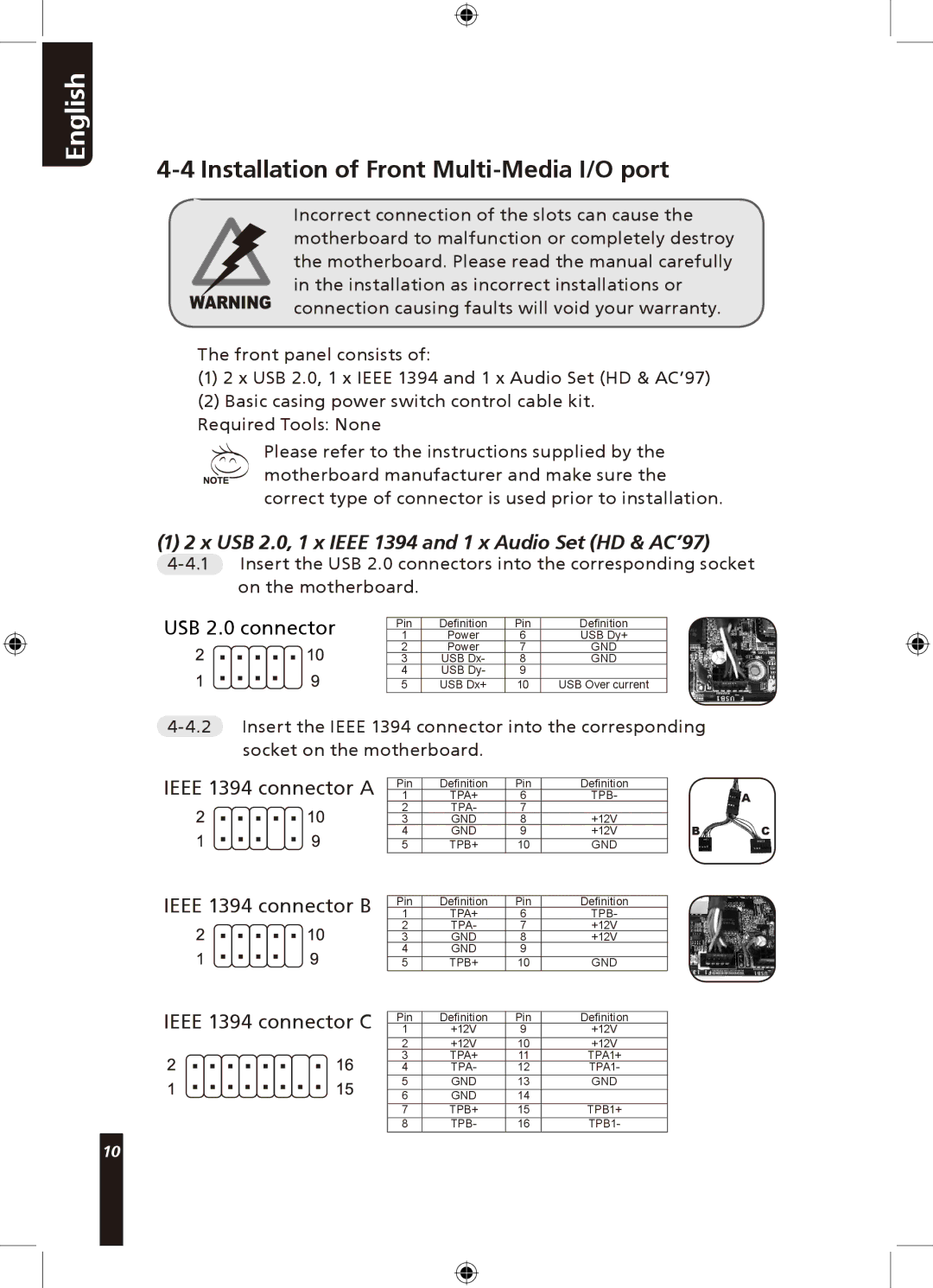 Gigabyte 310 user manual Installation of Front Multi-Media I/O port, USB 2.0, 1 x Ieee 1394 and 1 x Audio Set HD & AC’97 