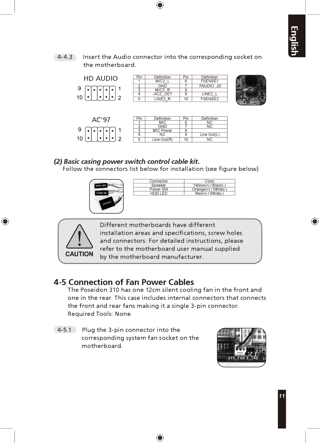 Gigabyte 310 user manual Connection of Fan Power Cables, Basic casing power switch control cable kit 