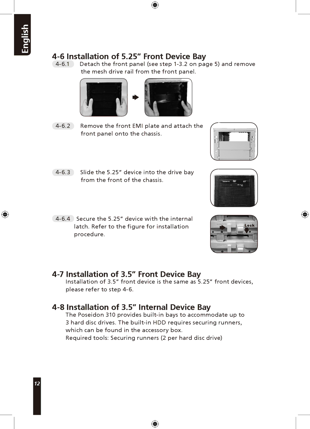 Gigabyte 310 user manual Installation of 5.25 Front Device Bay, Installation of 3.5 Front Device Bay 