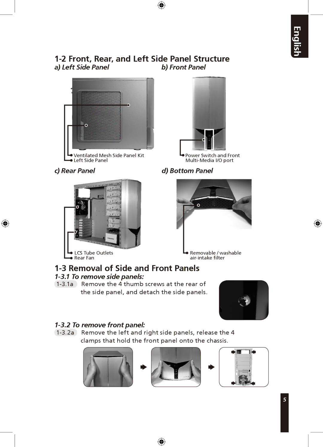 Gigabyte 310 user manual Front, Rear, and Left Side Panel Structure, Removal of Side and Front Panels 