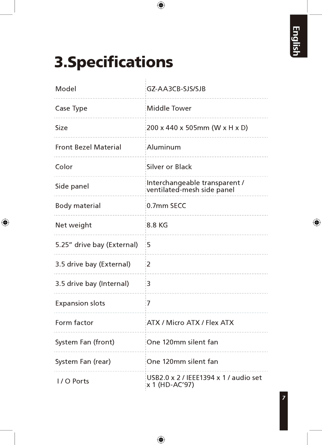 Gigabyte 310 user manual Specifications, GZ-AA3CB-SJS/SJB 